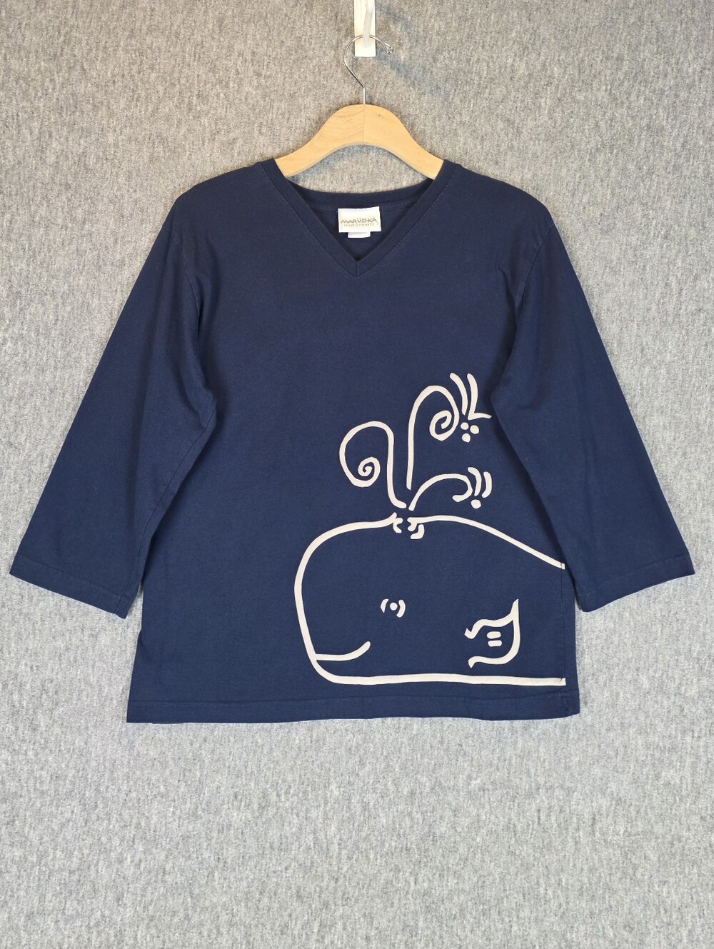 Marushka Happy Whale 3/4 Sleeve V-Neck T-Shirt Navy Wmn's Lg